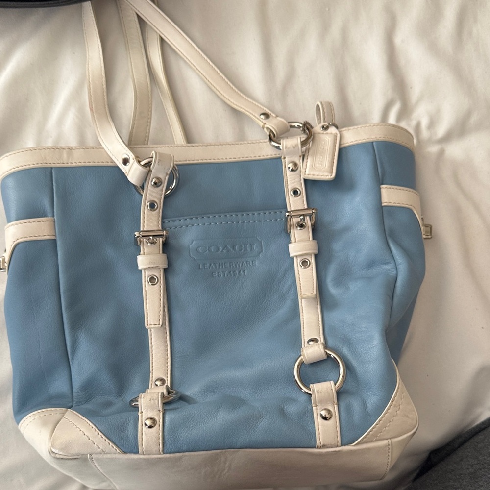 Coach Sky Blue and Cream Leather Tote